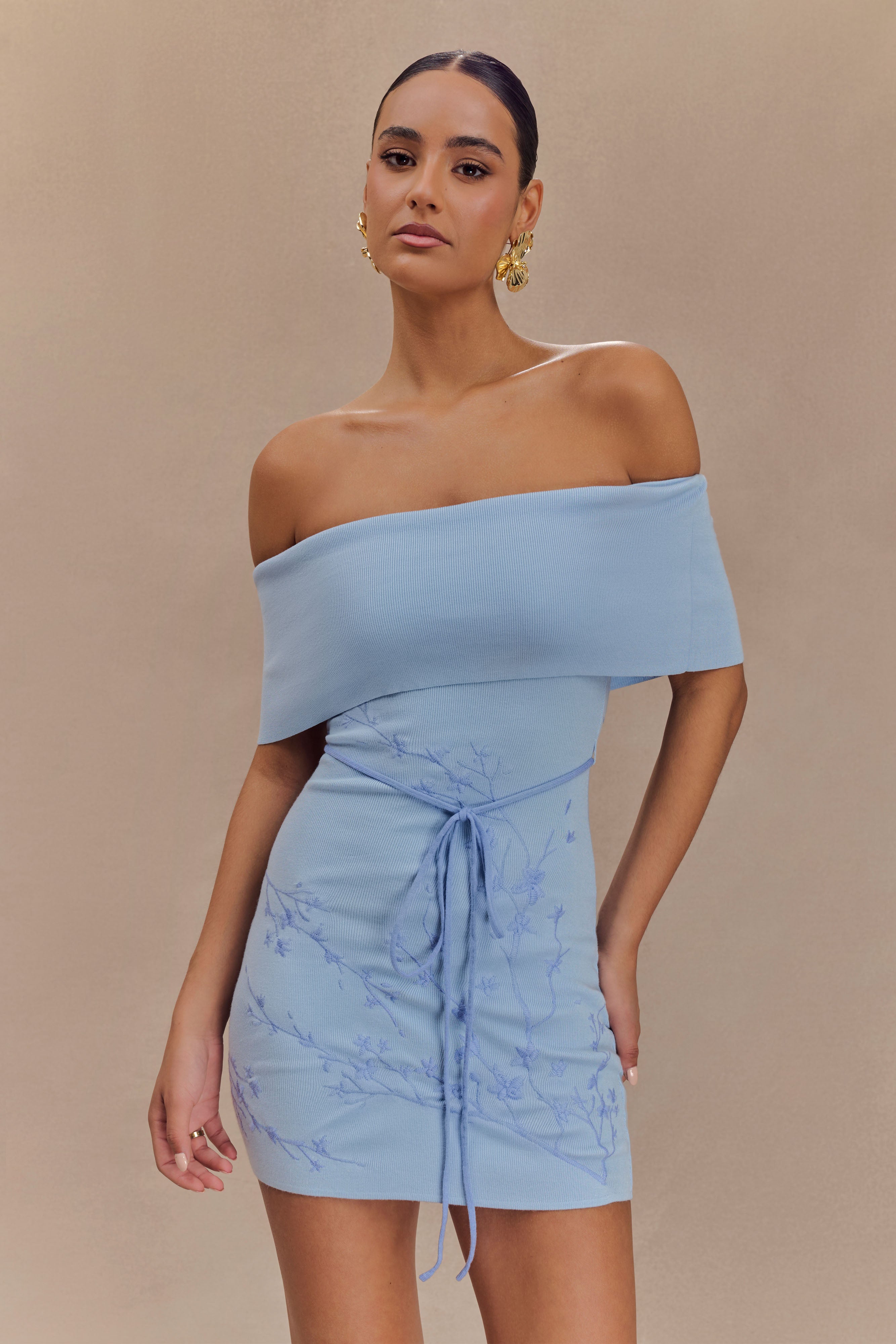 Mallory Off Shoulder Embroidered Knit Mini Dress - Ice Blue、mySite、solidvoid