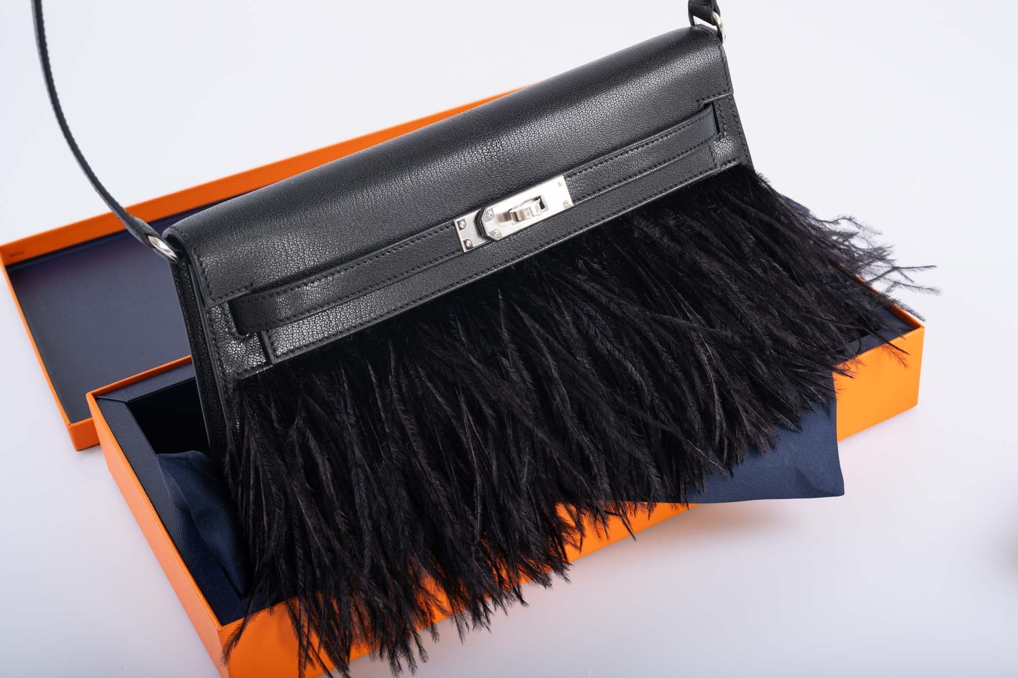 Hermès Feather Kelly Elan Black Chevre and Ostrich Feathers Palladium Hardware、mySite、garminoutage.com