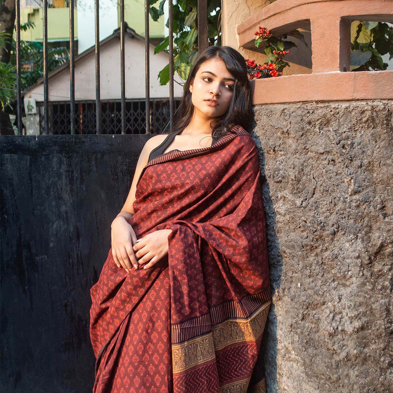 Festive Wear | Bagru Printed Chanderi Maroon Saree、mySite、camillekostekn