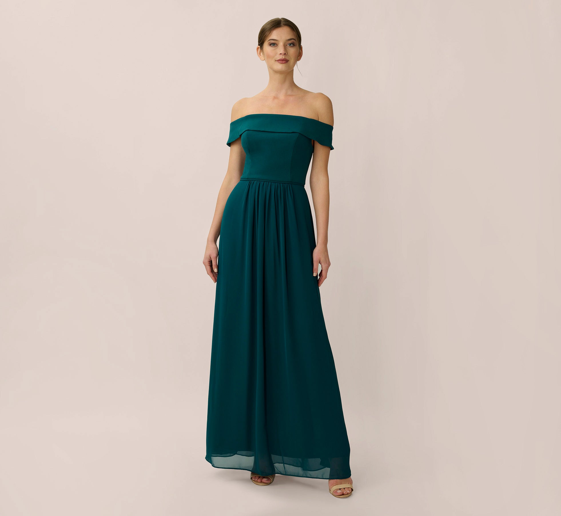Off The Shoulder Crepe Chiffon Gown With Soft Skirt In Hunter、mySite、solidvoid