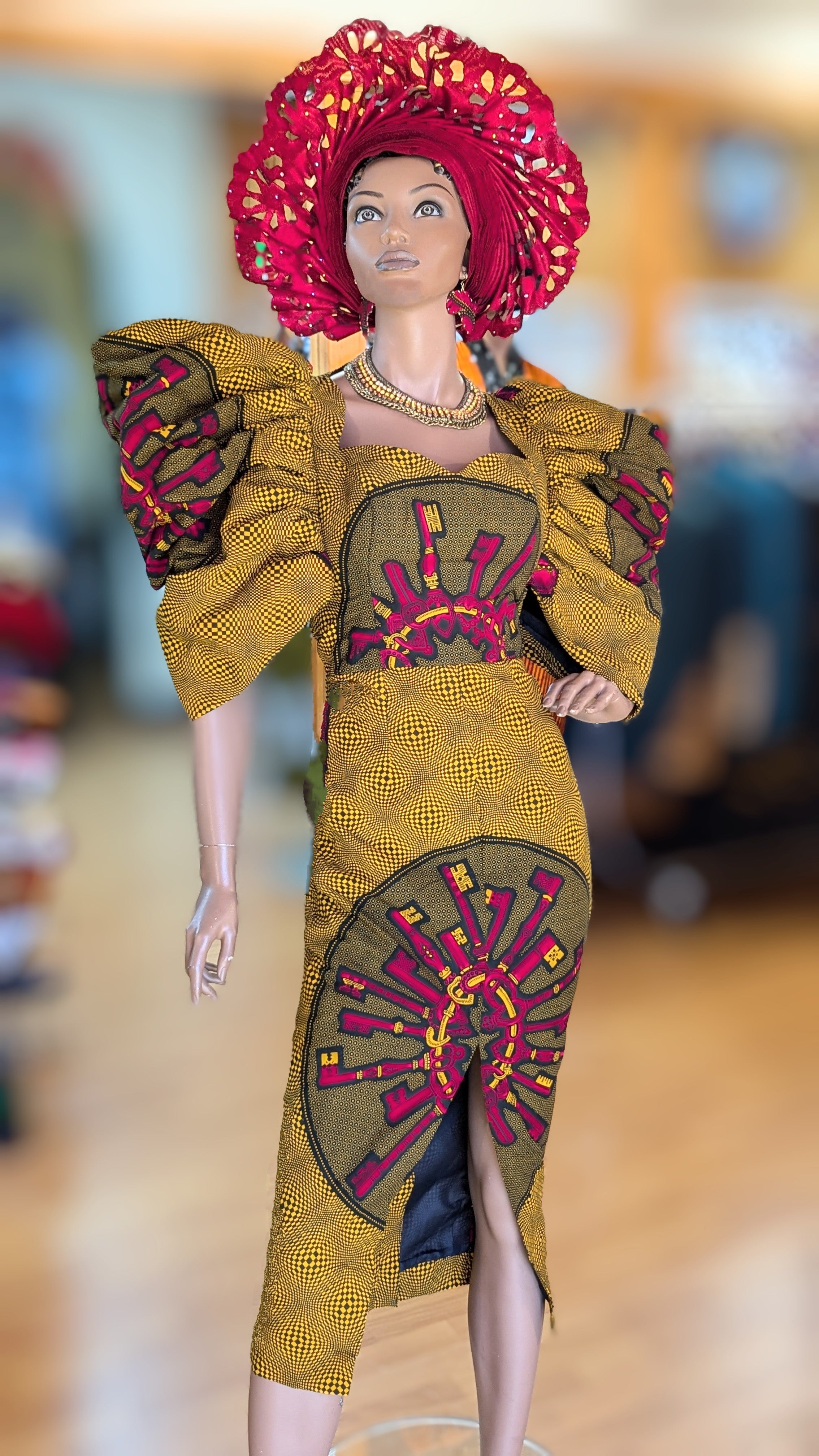 Dupsie's Keyes African print Ankara dress with oversized sleeves with keys pattern DPAPDK32、mySite、solidvoid