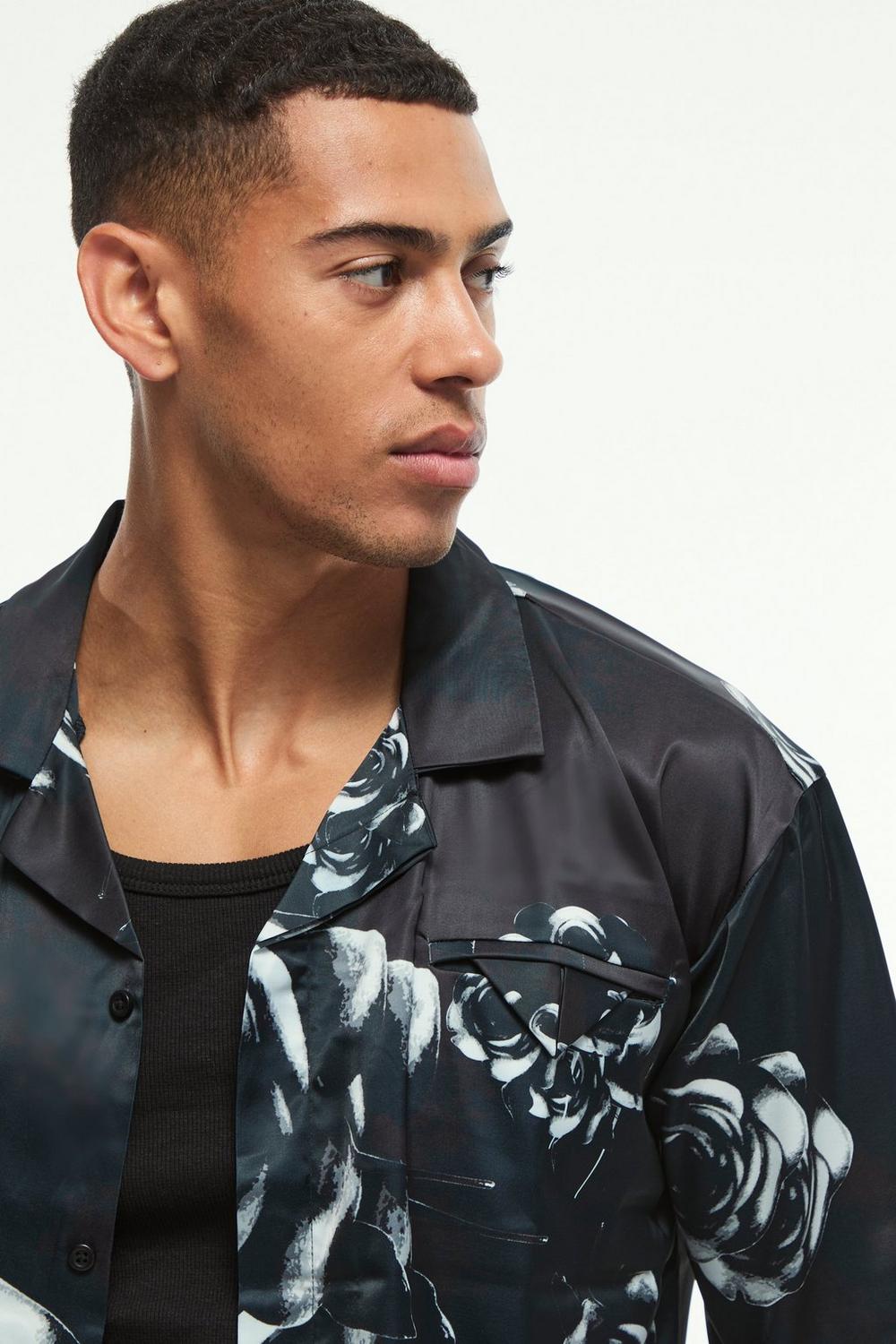  Boohooman Oversized Floral Printed Satin Short Sleeve shirt Black、mySite、justintrudeaud