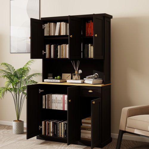 71" Kitchen Pantry Storage Cabinet with Microwave Oven Countertop, Freestanding Hutch Cabinet with Adjustable Shelves, 6 Doors and 1 Drawer-White、、casual