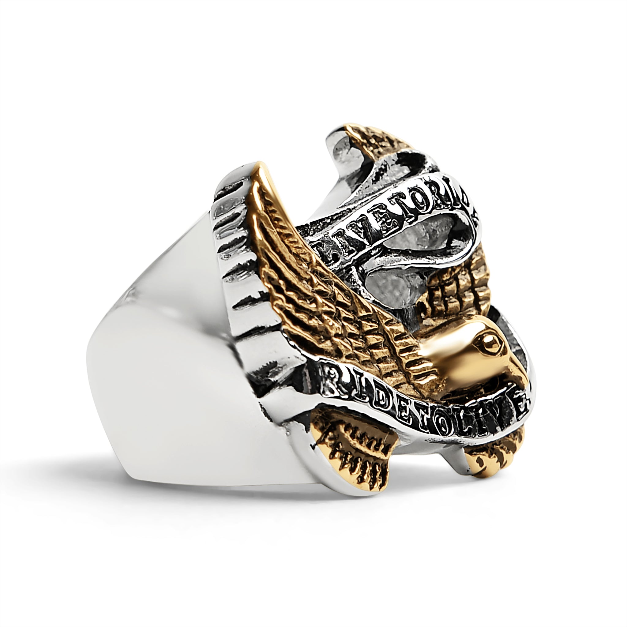 Stainless Steel 18K Gold PVD Coated Live To Ride Ride To Live Eagle Biker Ring / SCR3086、mySite、dreamappss