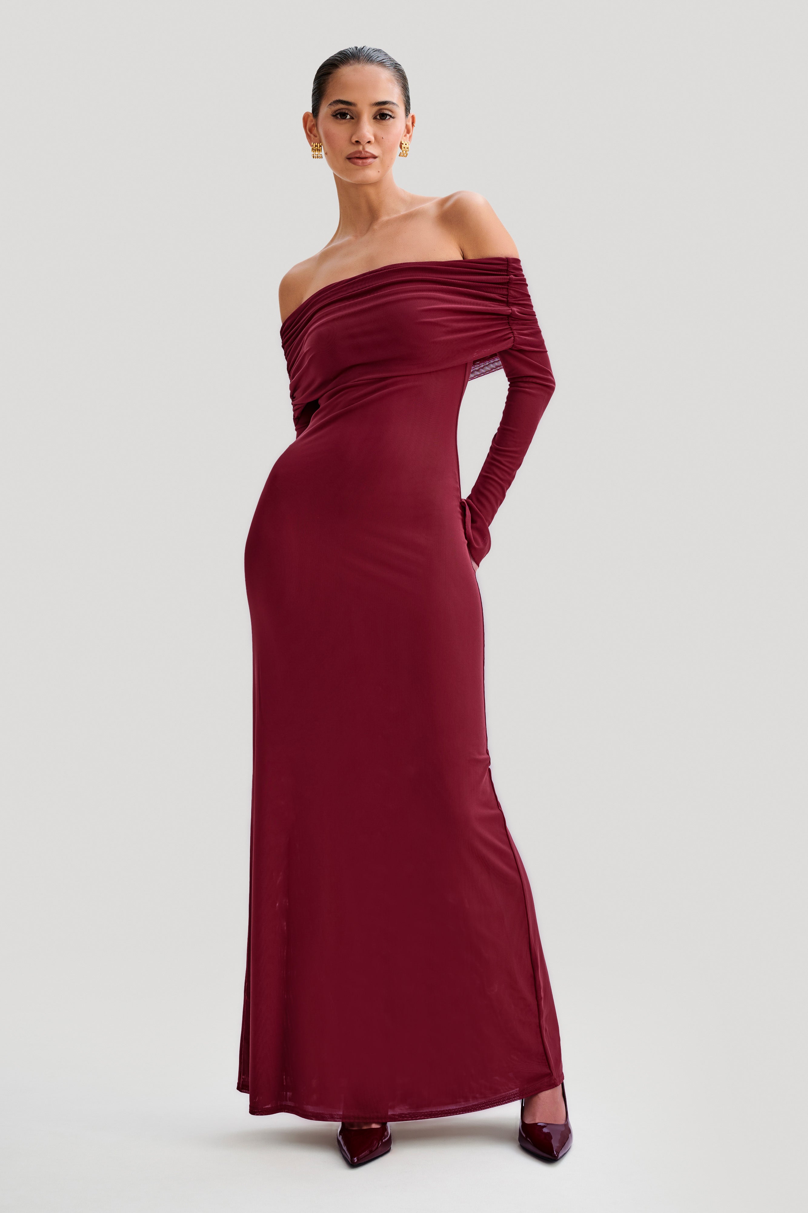 Josie Off Shoulder Mesh Maxi Dress - Wine、mySite、solidvoid