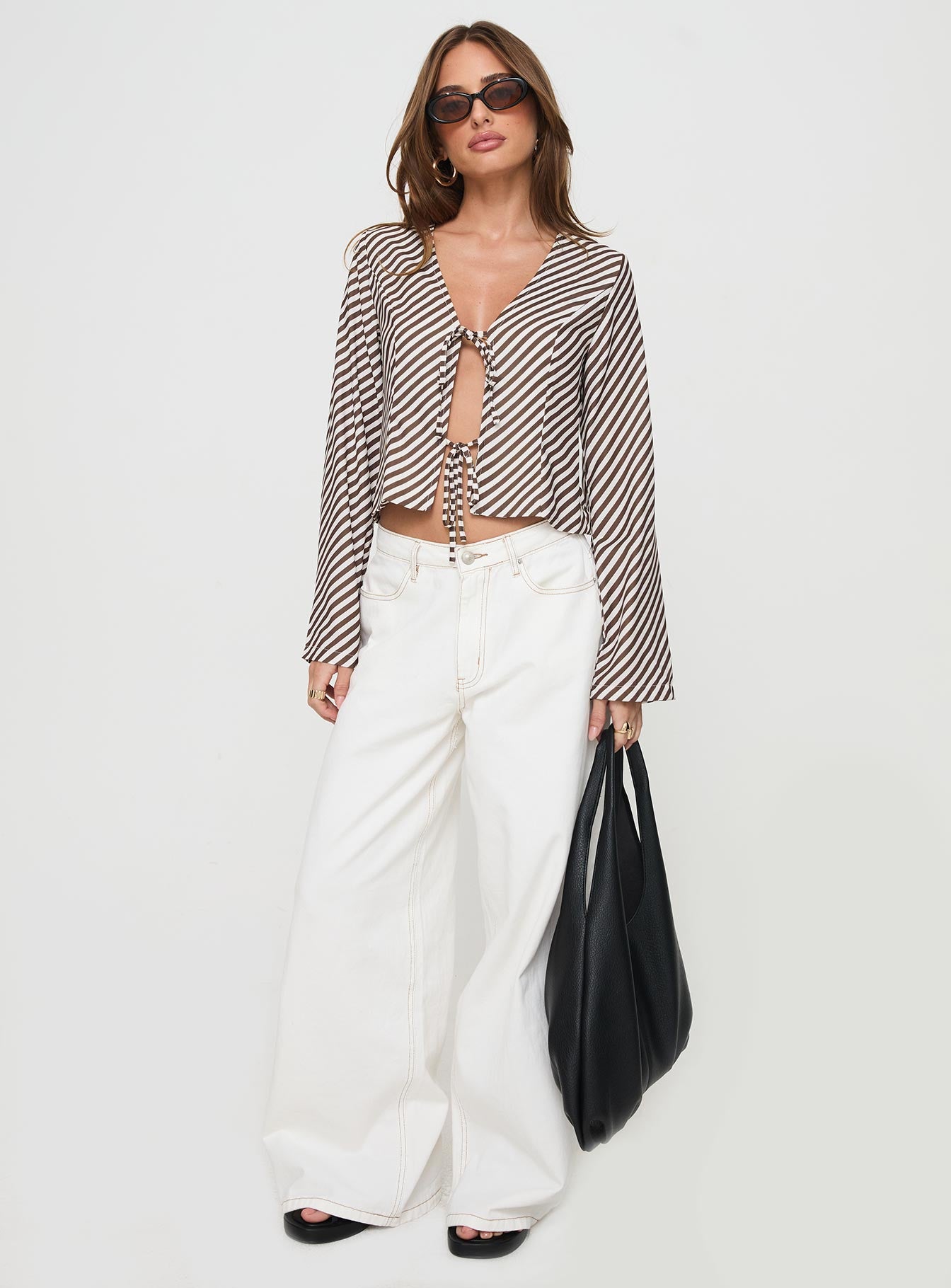 Maxette Long Sleeve Tie Top Brown Stripe、mySite、solidvoid