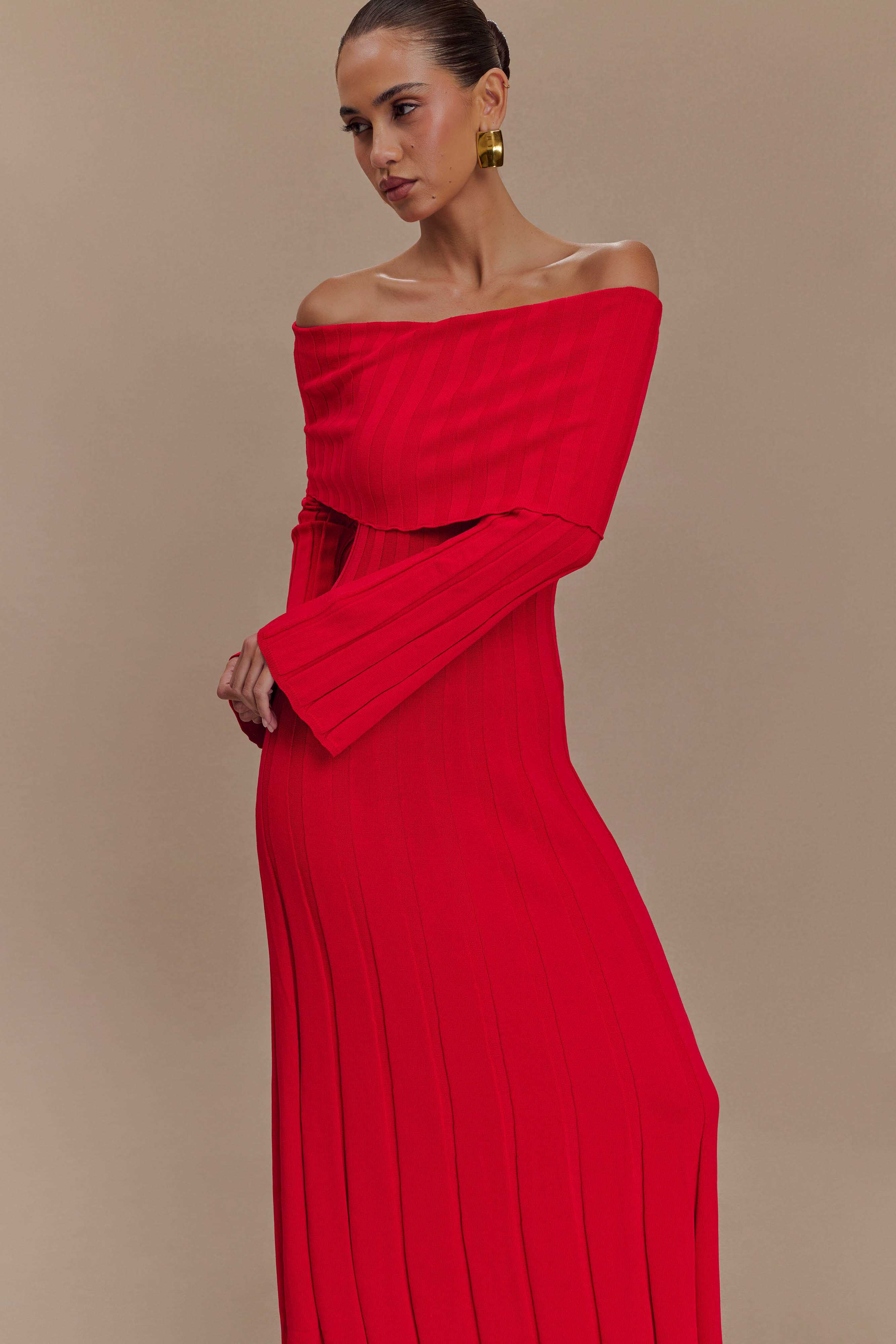 Alonza Long Sleeve Knit Midi Dress - Red、mySite、solidvoid