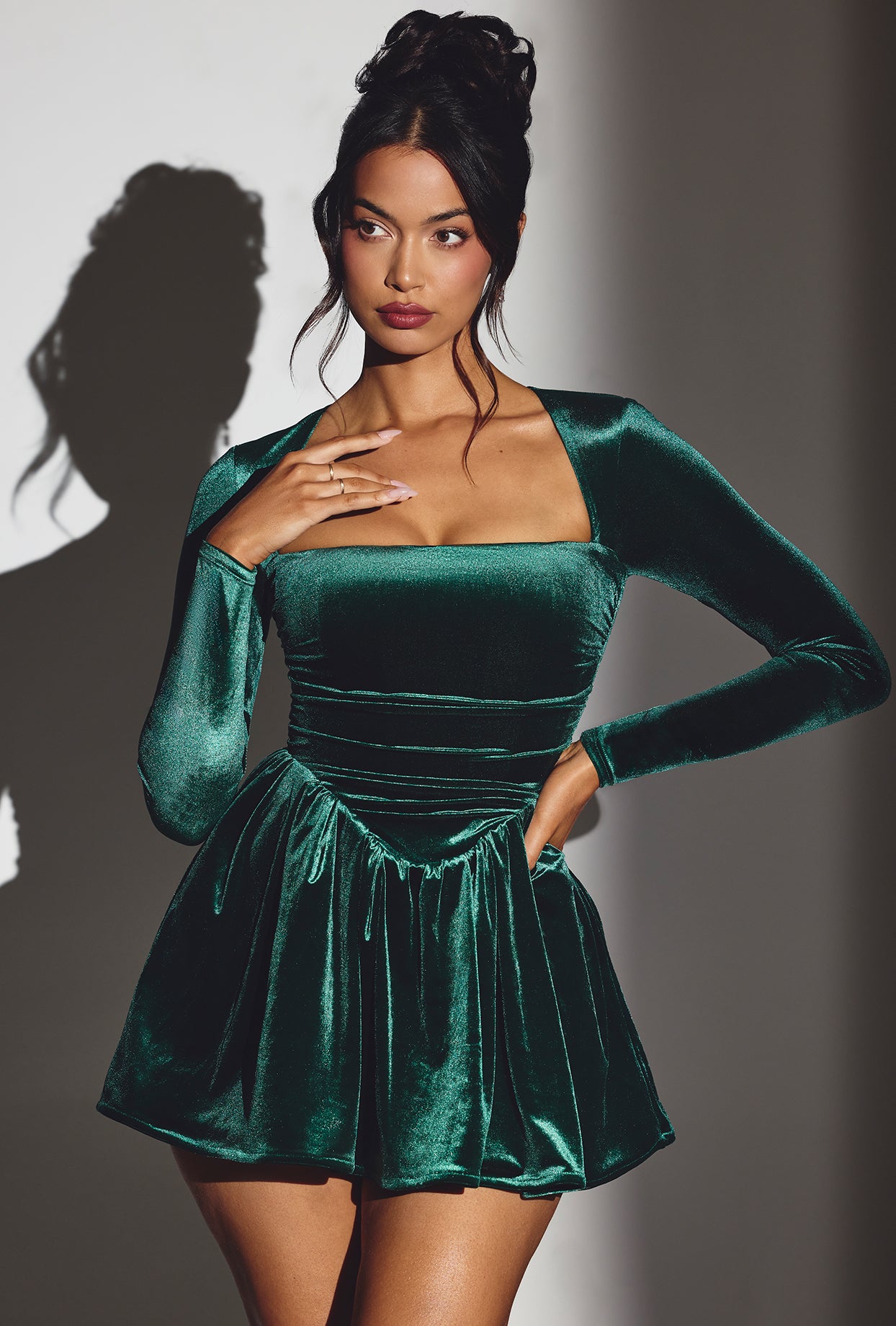 Velvet Long Sleeve Corset Mini Dress in Emerald Green、mySite、solidvoid