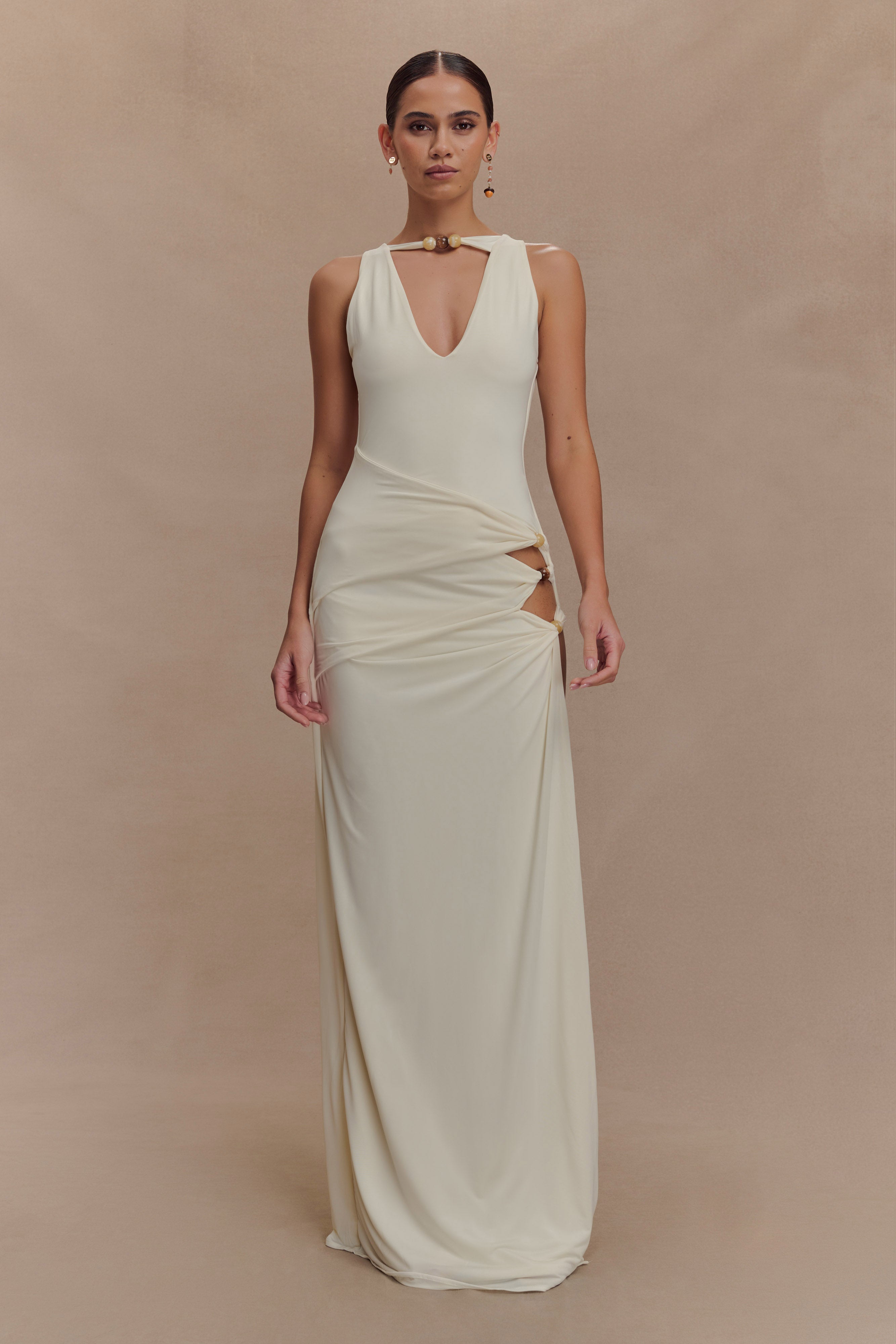 Kaiden Slinky Beaded Maxi Dress - Ivory、mySite、solidvoid