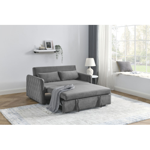 55" Modern Convertible Sofa Bed with 2 Detachable Arm Pockets, Velvet Loveseat Sofa with Pull Out Bed, 2 Pillows and Living Room Adjustable Backrest, Grid Design Armrests、、casual