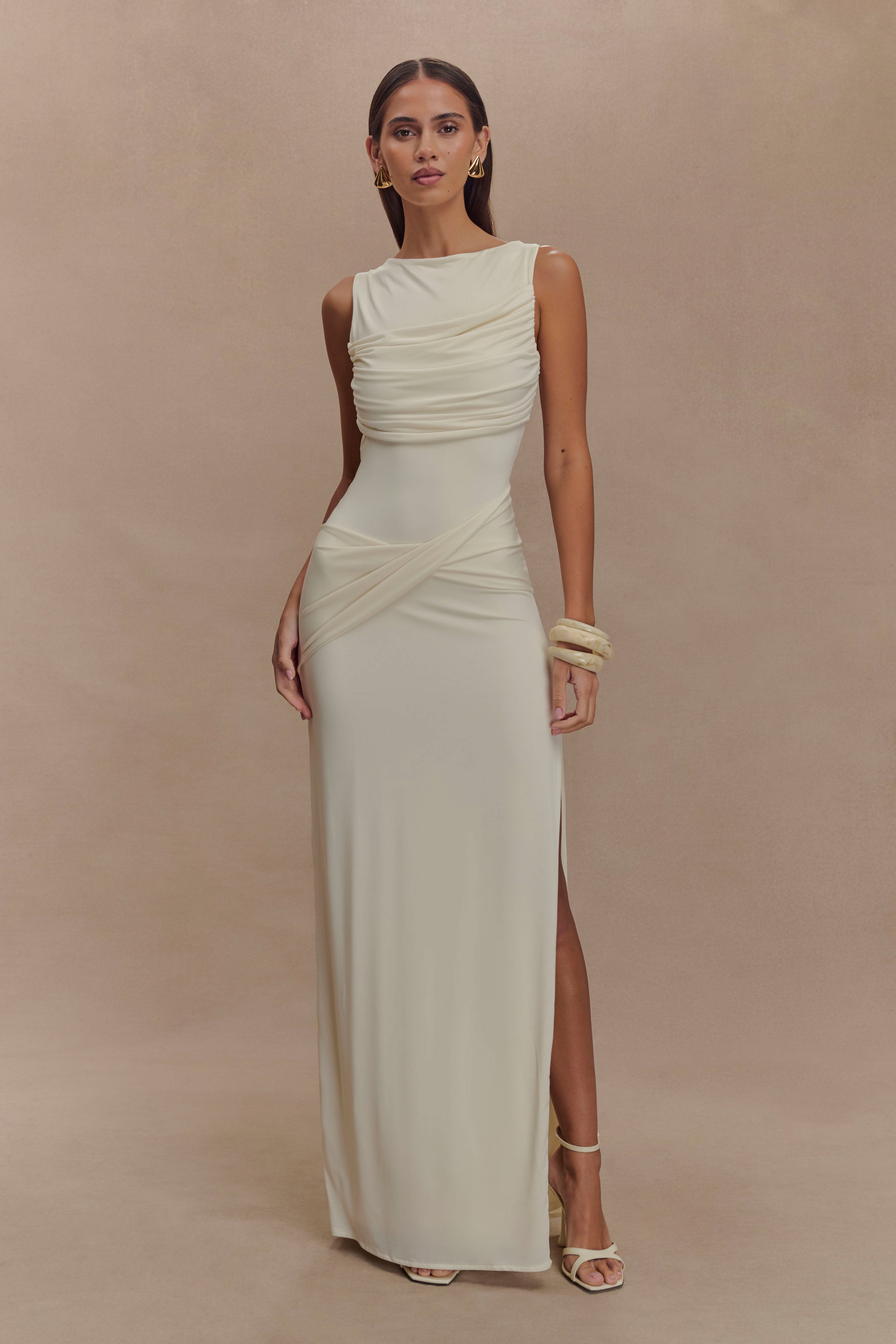 Henley Slinky Drape Maxi Dress - Ivory、mySite、solidvoid