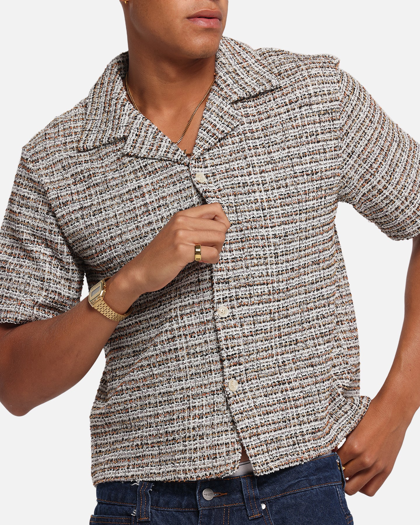 XXIII Boucle Tweed Crop Button Up Shirt Cream/Brown、mySite、zt4zffjzw