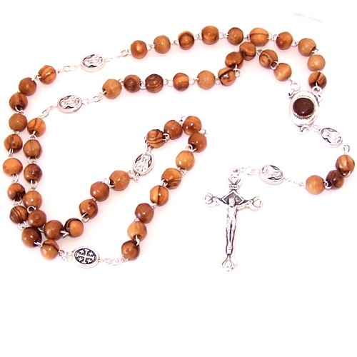  Olive Wood Beads Rosary Made with Silver Tone Our Father Beads and Soil Rosary Center from The Holy Land. Comes with Gift Bag and Certificate、mySite、elrpsem3k