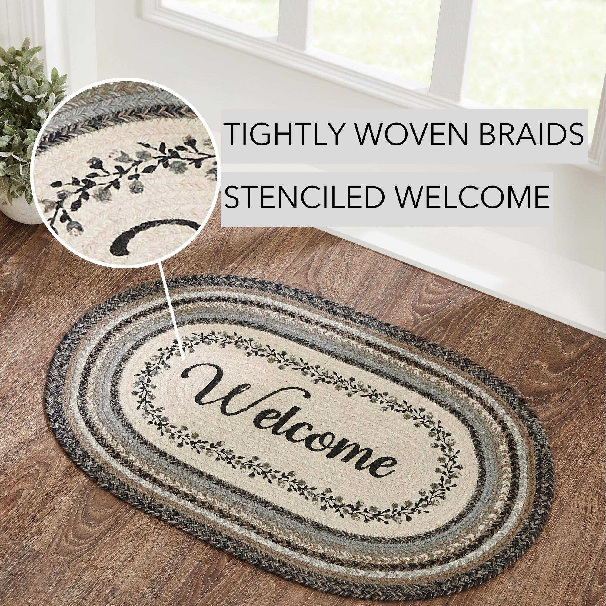Floral Vine Jute Oval Rug Welcome 20x30、mySite、g9winljtr