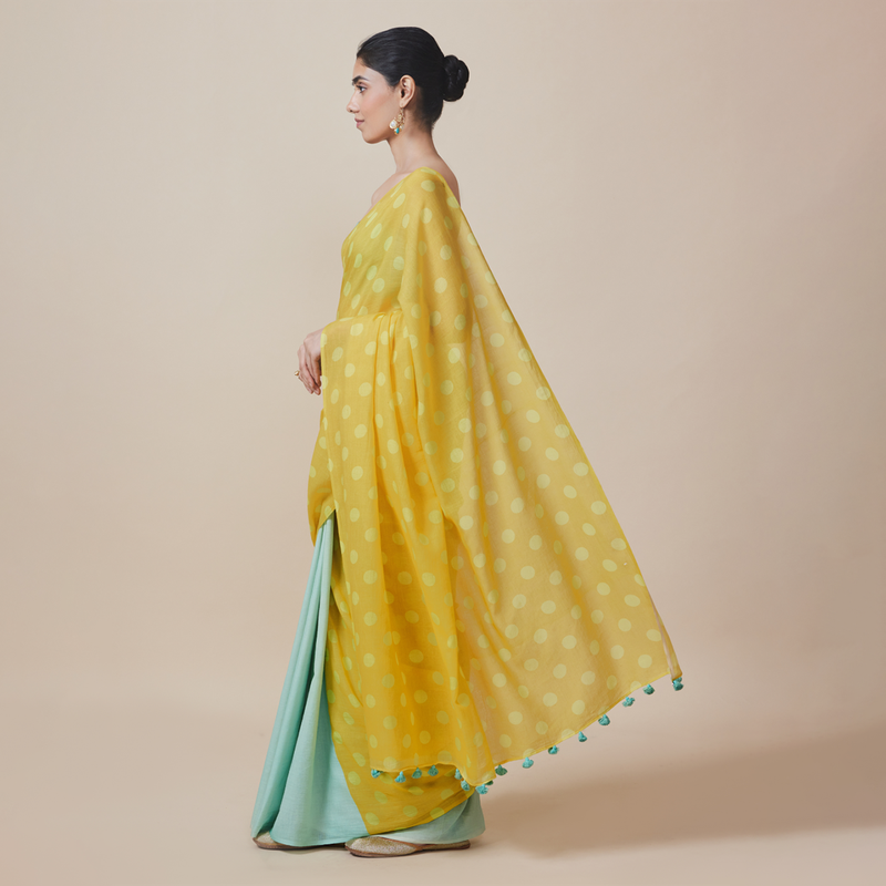 Linen Solid Saree with Blouse | Polka Dots | Aqua Blue & Yellow、mySite、camillekostekn
