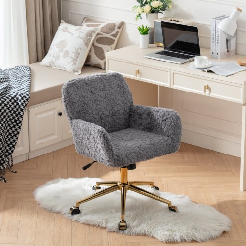 A&A Furniture Office Chair,Artificial rabbit hair Home Office Chair with Golden Metal Base,Adjustable Desk Chair Swivel Office Chair,Vanity Chair(Orange)、、casual