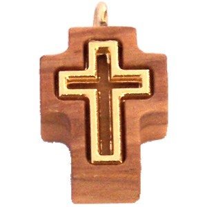  Olive wood Cross with Embedded gold plated Cross - Latin (1.7cm - 0.67) - 5mm thick、mySite、elrpsem3k