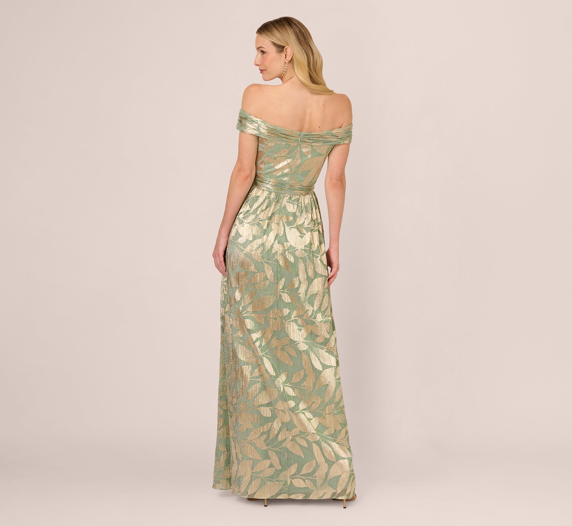 Off Shoulder Foil Leaf Crinkle Gown In Sage Gold、mySite、solidvoid