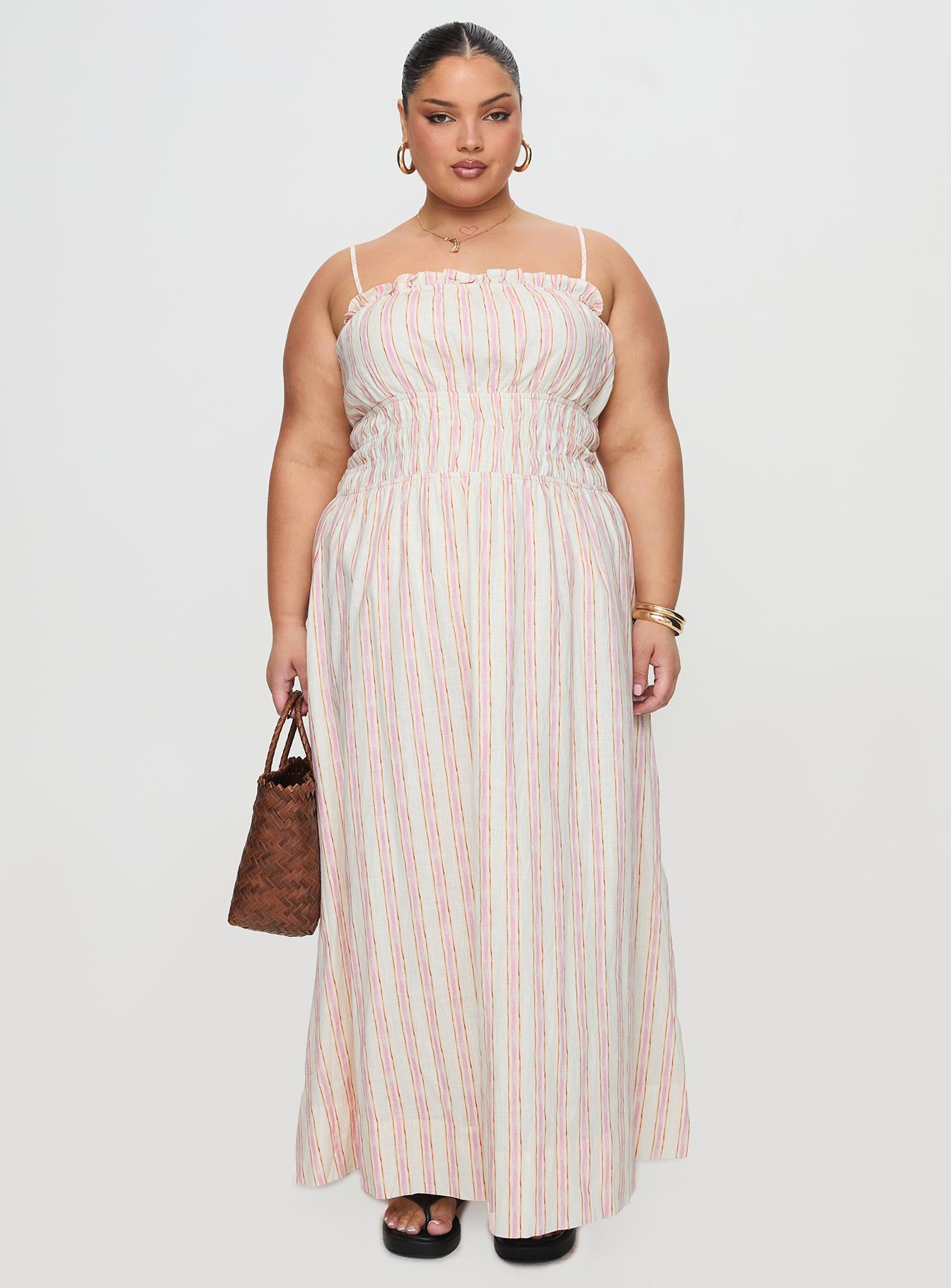 Persephone Shirring Linen Maxi Dress Pink Stripe Curve、mySite、solidvoid