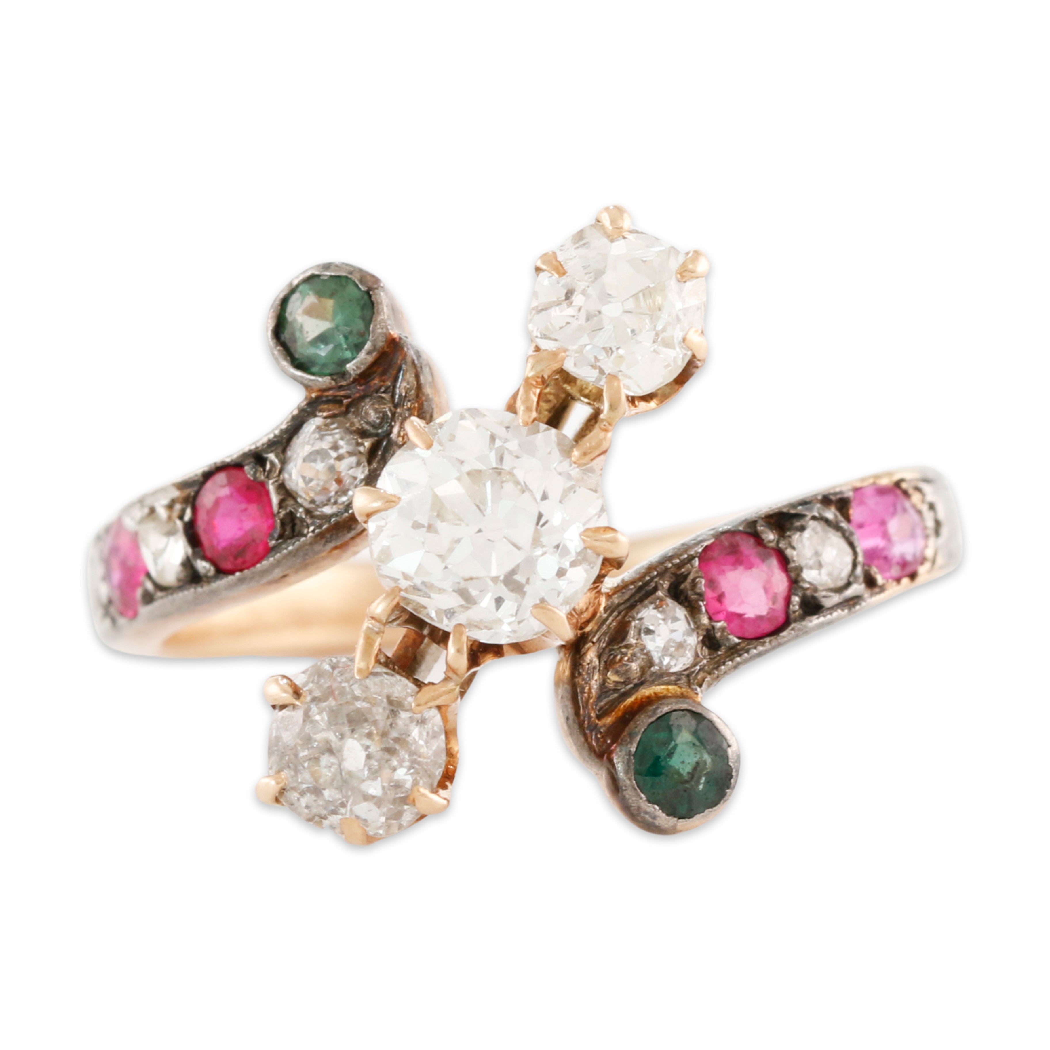 Victorian Antique 14k Gold Diamond 1cttw Syn Ruby Emerald Twist Ring 5、mySite、hinf8tx79