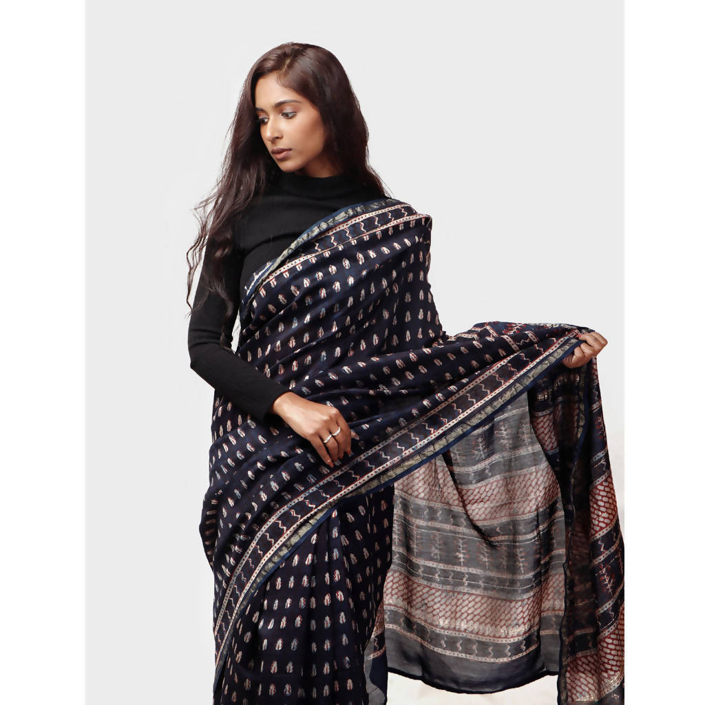 Natural Dyed Dark Blue Dabu Printed Chanderi Saree、mySite、camillekostekn