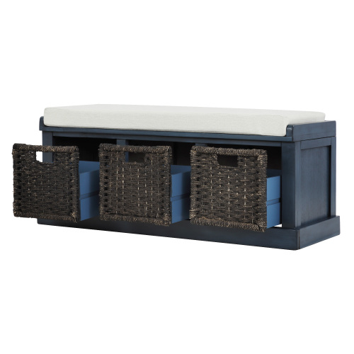 TREXM Rustic Storage Bench with 3 Removable Classic Rattan Basket , Entryway Bench Storage Bench with Removable Cushion (White)、、casual