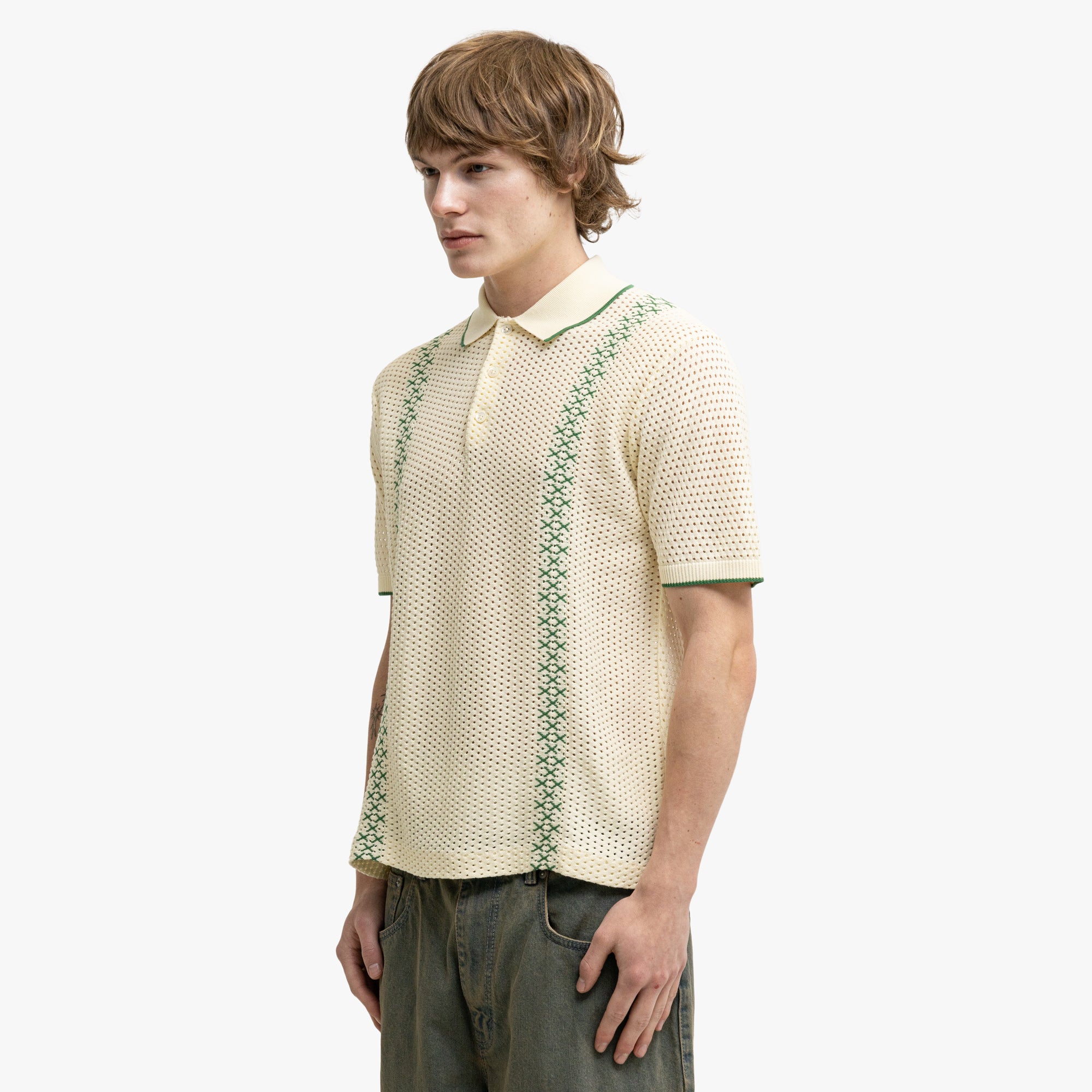  BEAMS PLUS Mesh Knit Stripe Polo Off White、mySite、merchandisen