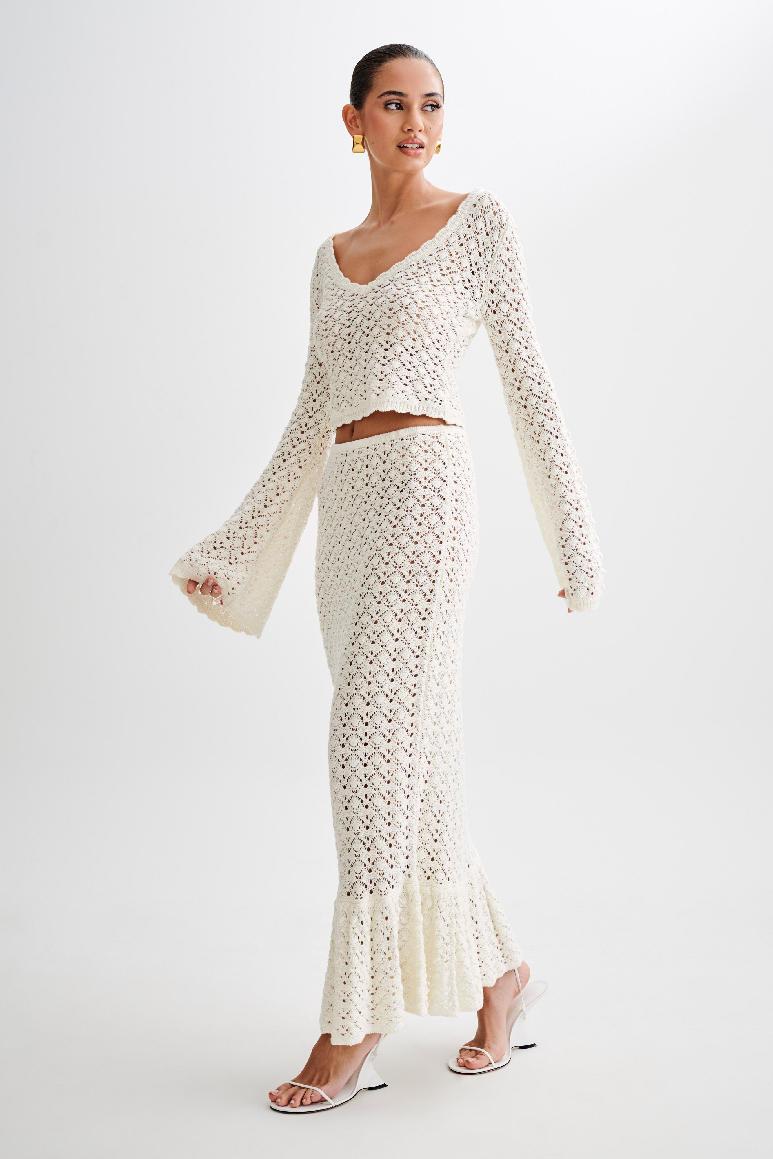 Anais Scalloped Long Sleeve Knit Top - Ivory、mySite、solidvoid