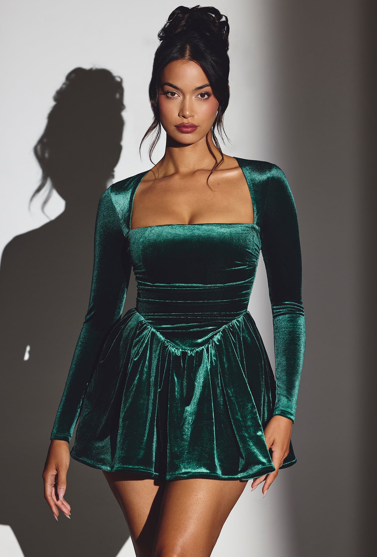 Velvet Long Sleeve Corset Mini Dress in Emerald Green、mySite、solidvoid