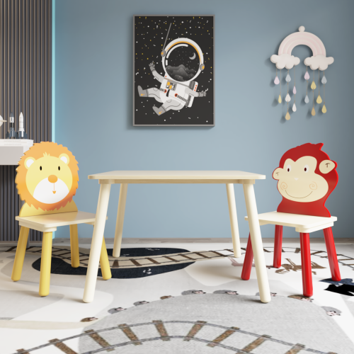 Kids Table and 2 Chairs Set, 3 Pieces Toddler Table and Chair Set, Wooden Activity Play Table Set (Lion&Monkey)、、casual