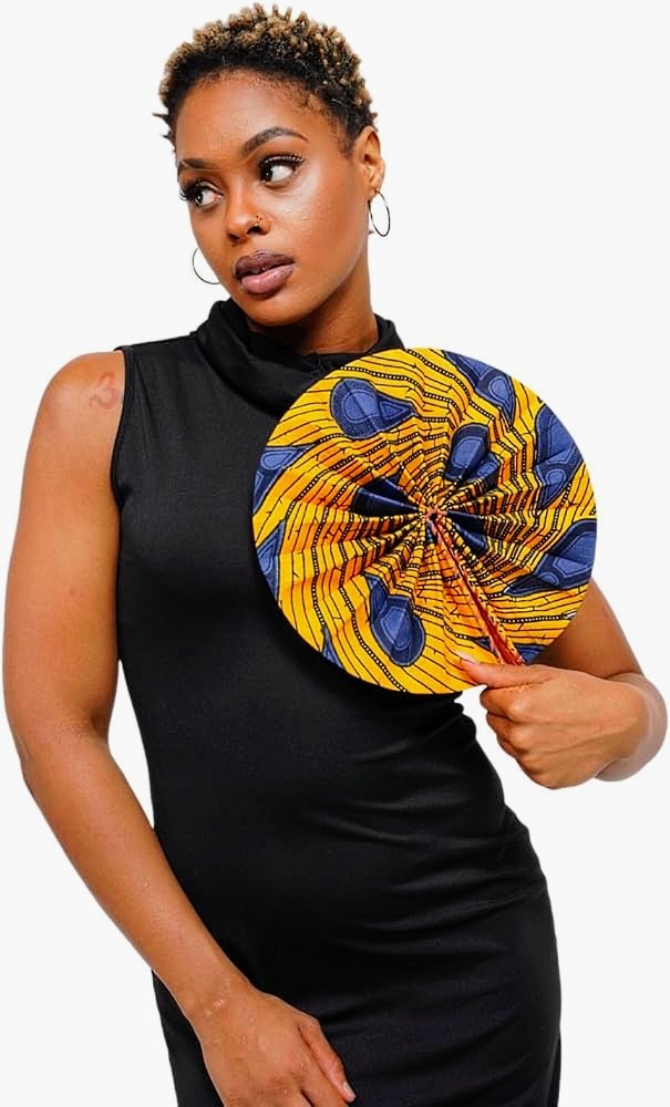 Dupsie's Khanita Foldable Orange and Blue Bulb/Peacock Patterned African Print Ankara Fan DPPF3816、mySite、solidvoid