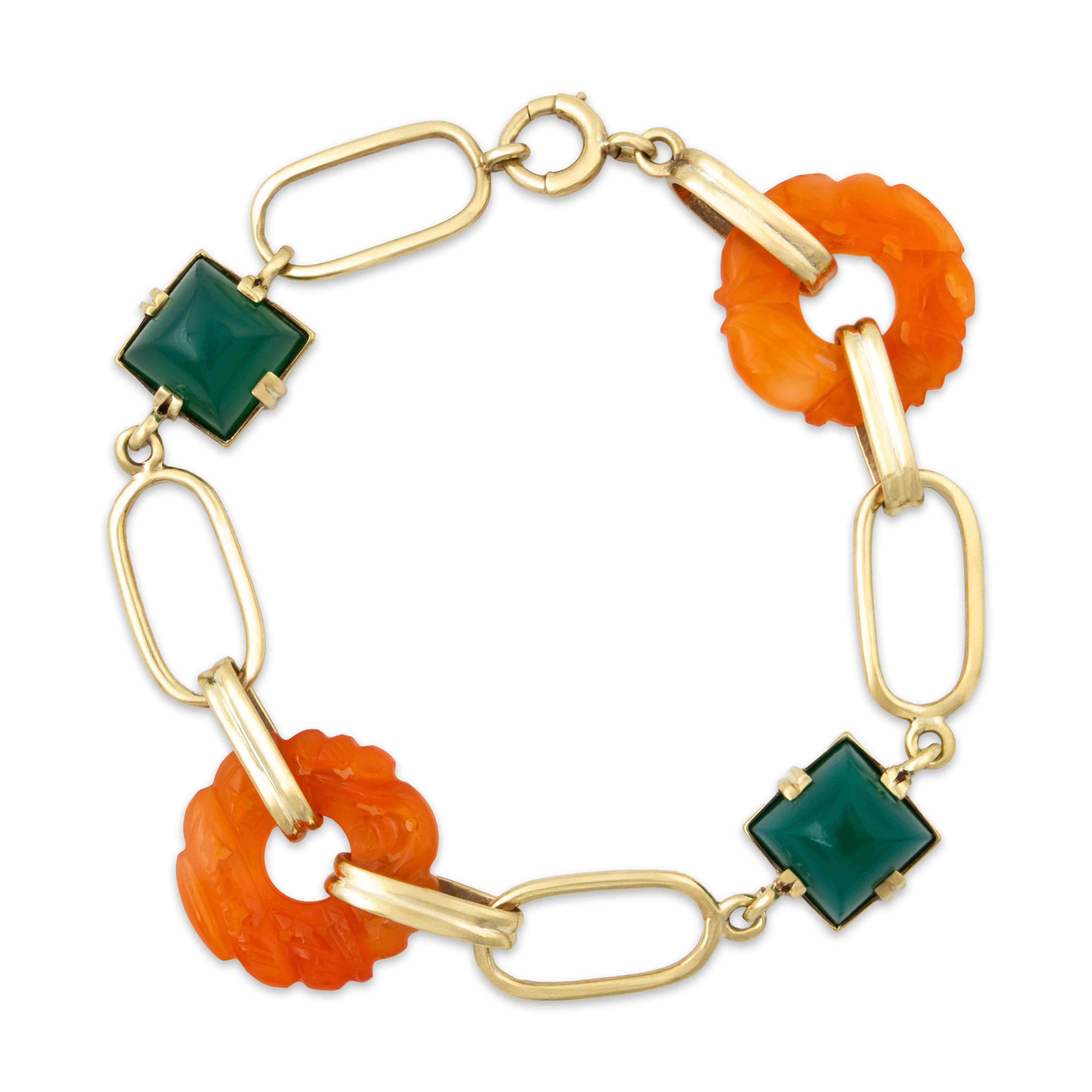 Vintage Art Deco 14k Yellow Gold Carved Carnelian Onyx Station Bracelet 7.5、mySite、hinf8tx79