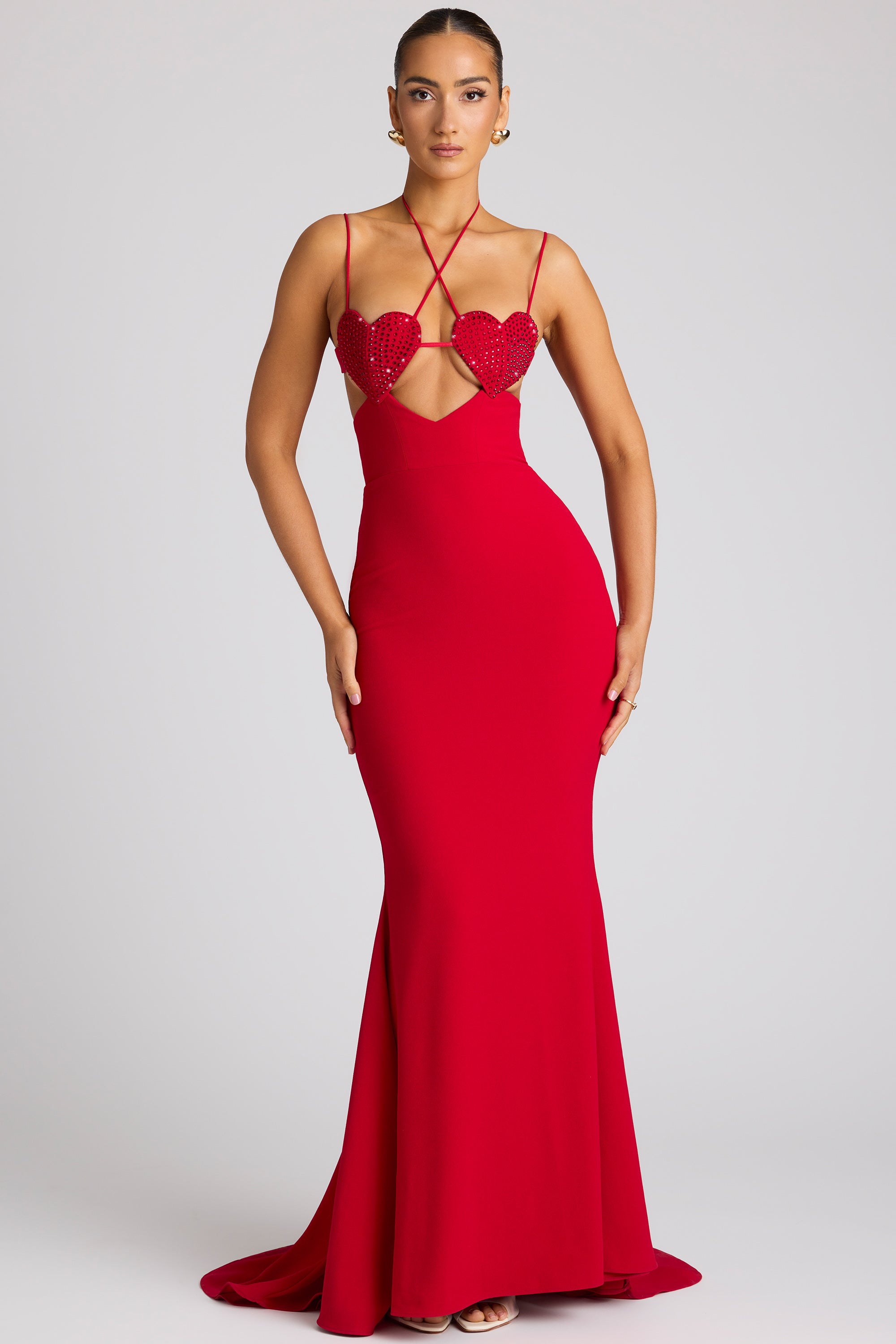 Embellished Heart Cup Detail Evening Gown in Fire Red、mySite、solidvoid