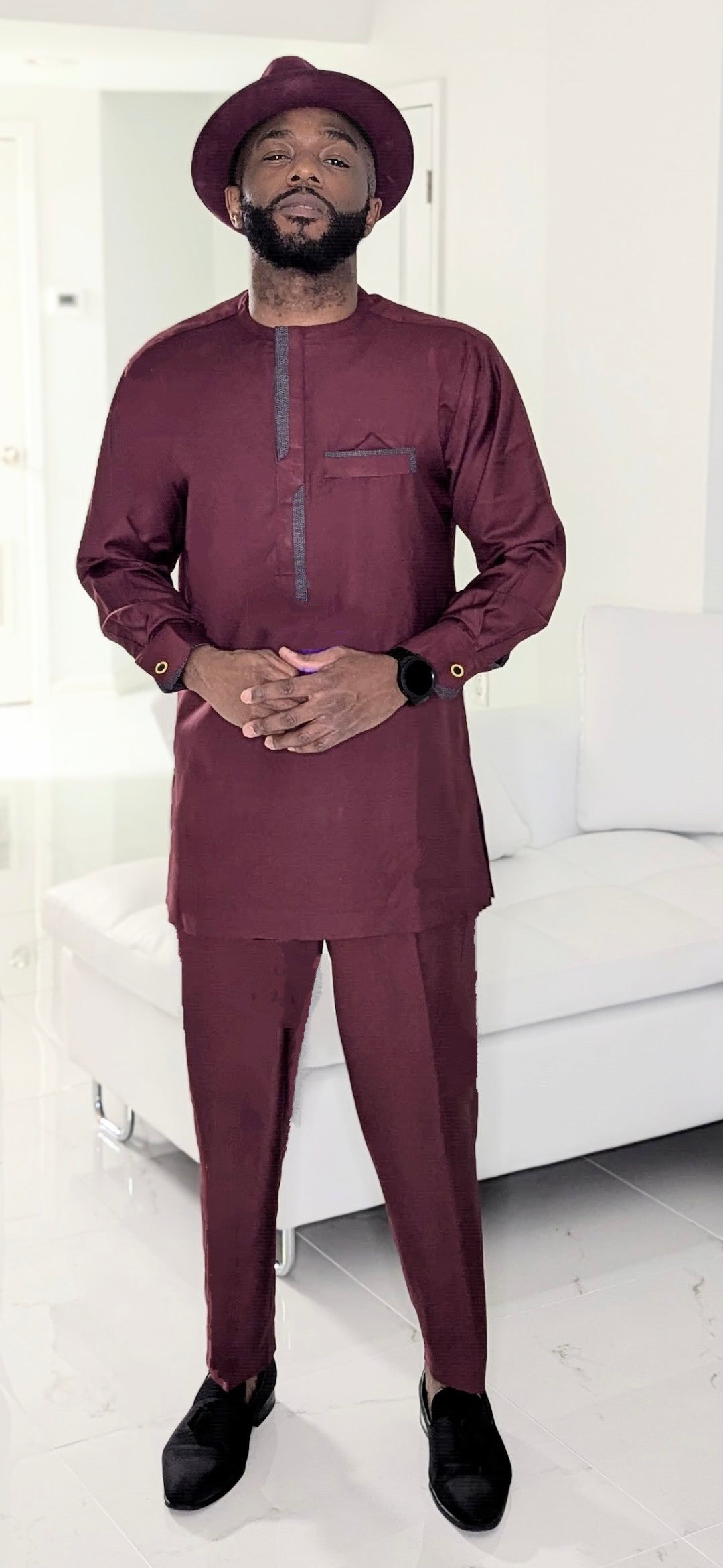 Dupsie's Edekan Burgundy African Senator Dashiki Suit for Men DPASBW22、mySite、solidvoid