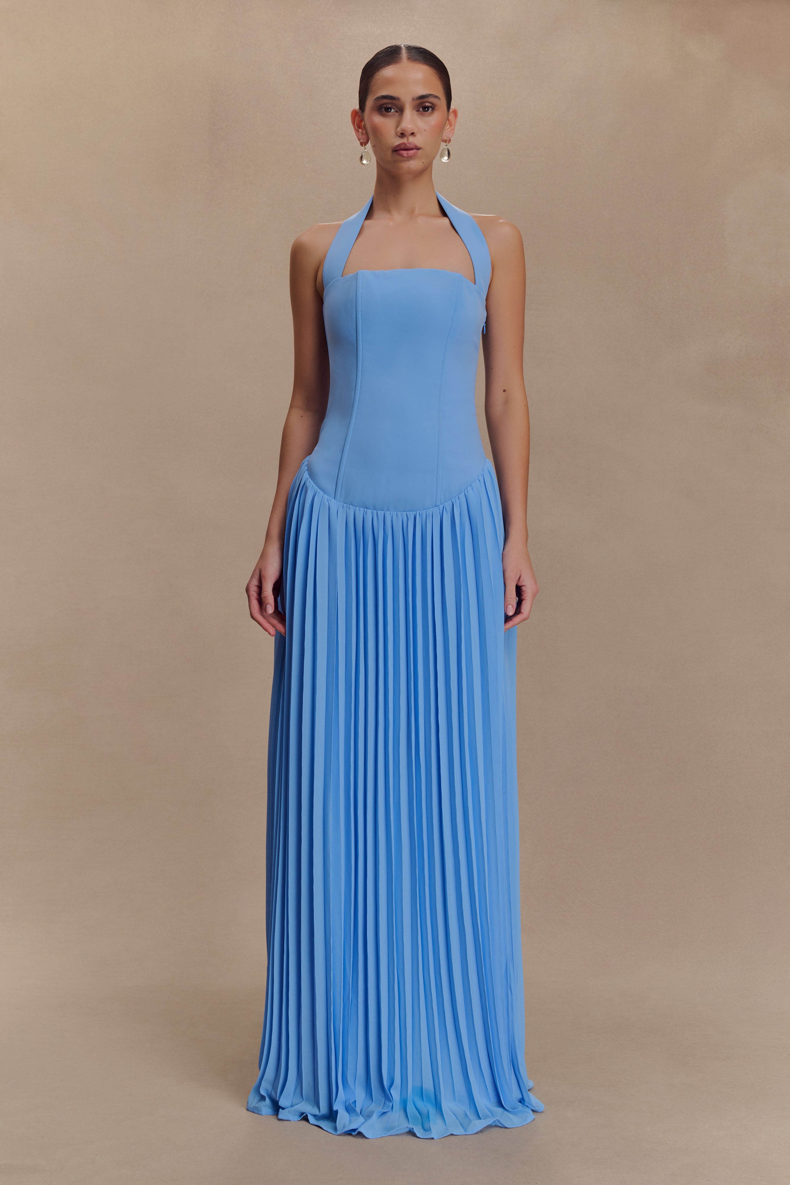 Stacie Pleated Halter Maxi Dress - Bright Blue、mySite、solidvoid