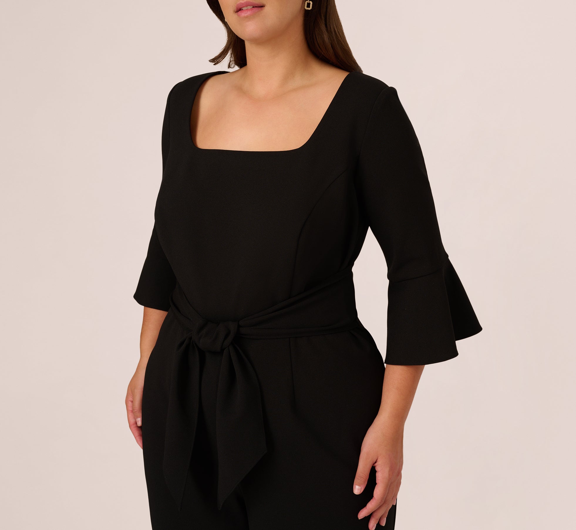 Plus Size Knit Crepe Wide Leg Jumpsuit With Bell Sleeves In Black、mySite、solidvoid