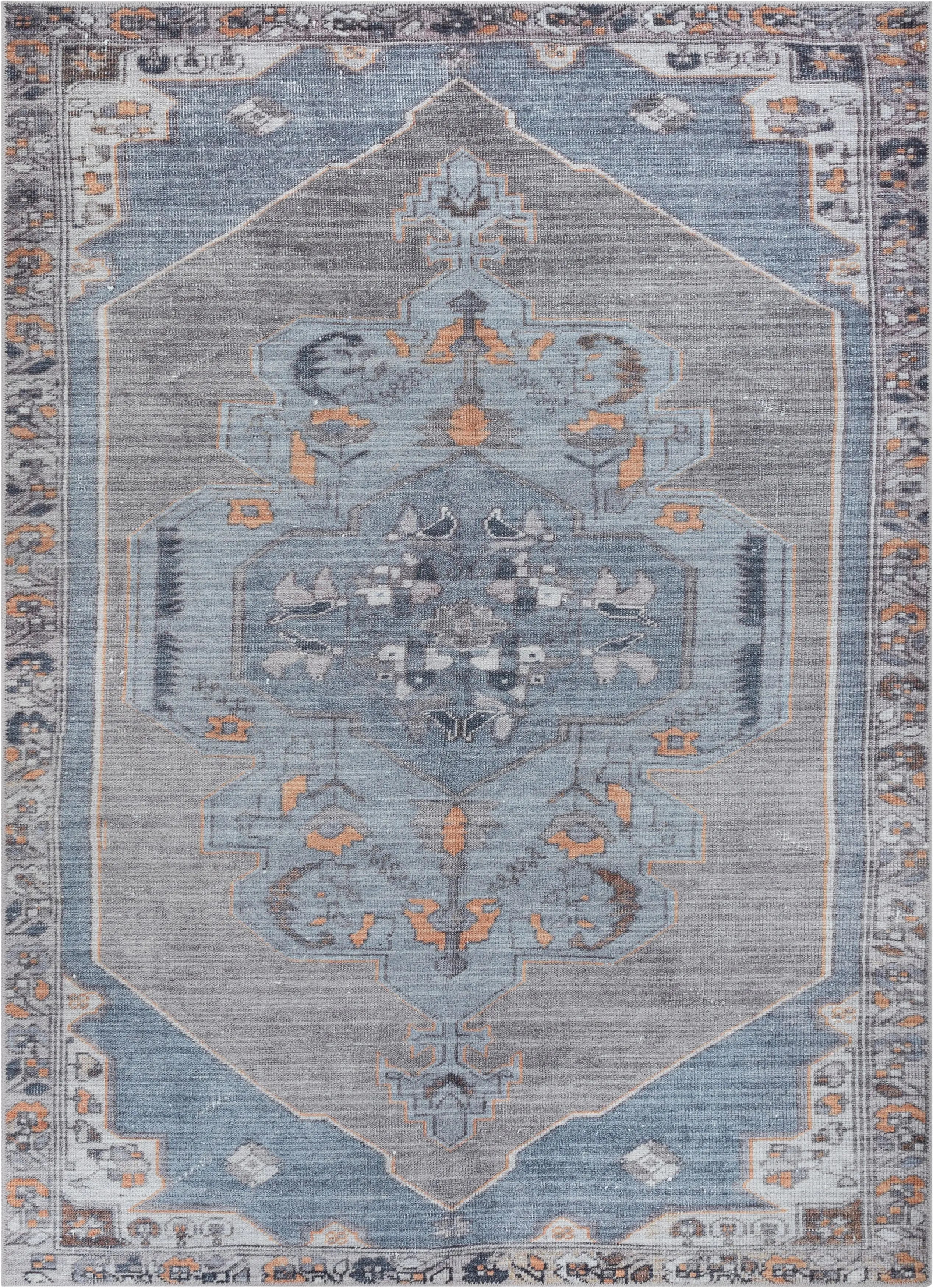 Cambria Machine Washable Vintage Medallion Oriental Light Blue Flat-Weave Distressed 5'3 x 7'3 Rug、mySite、gigharbornorthrealestate