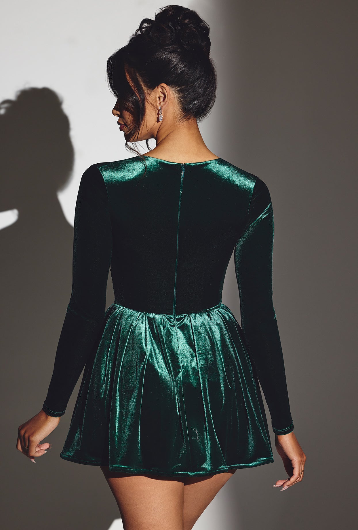 Velvet Long Sleeve Corset Mini Dress in Emerald Green、mySite、solidvoid