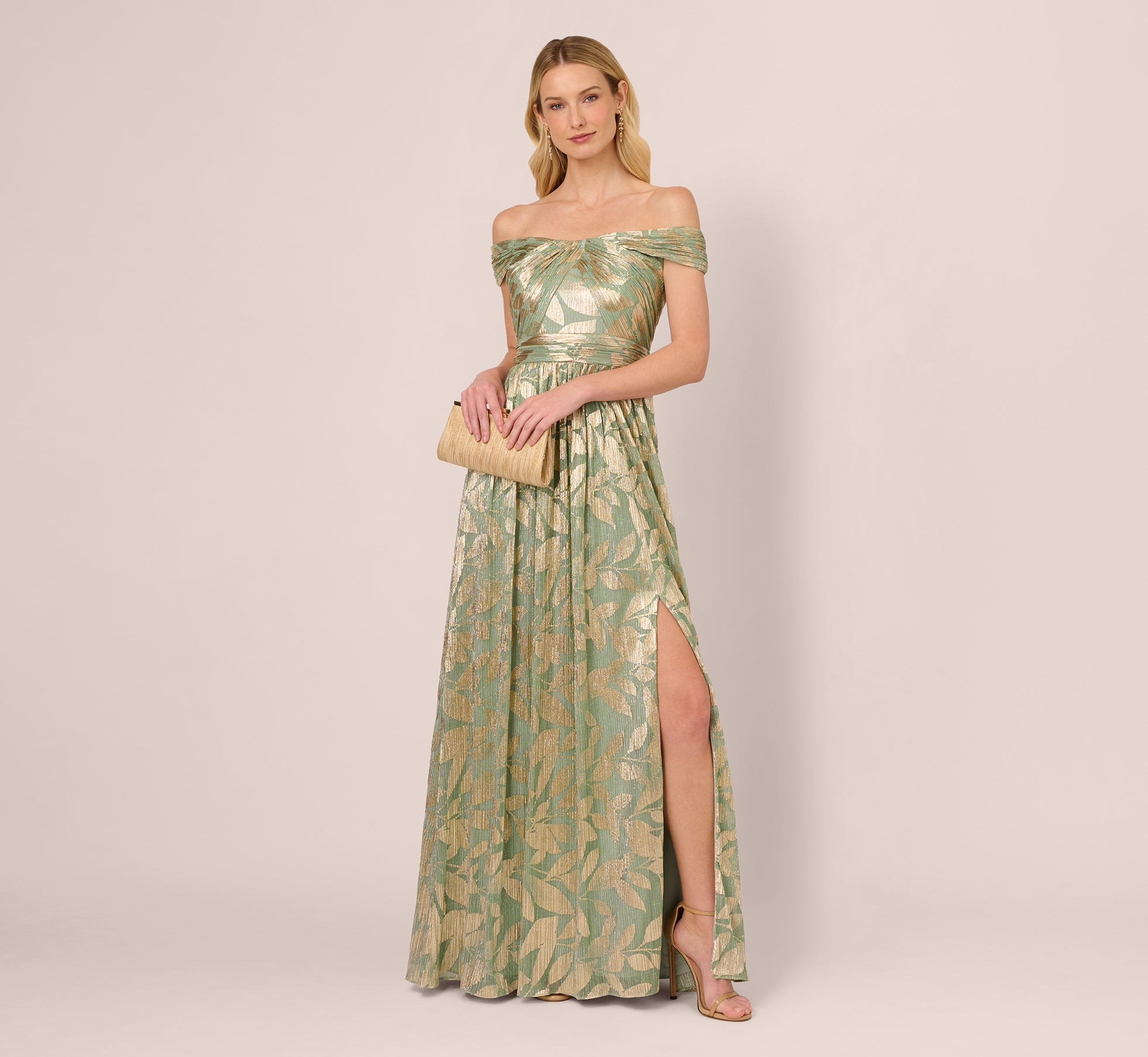 Off Shoulder Foil Leaf Crinkle Gown In Sage Gold、mySite、solidvoid