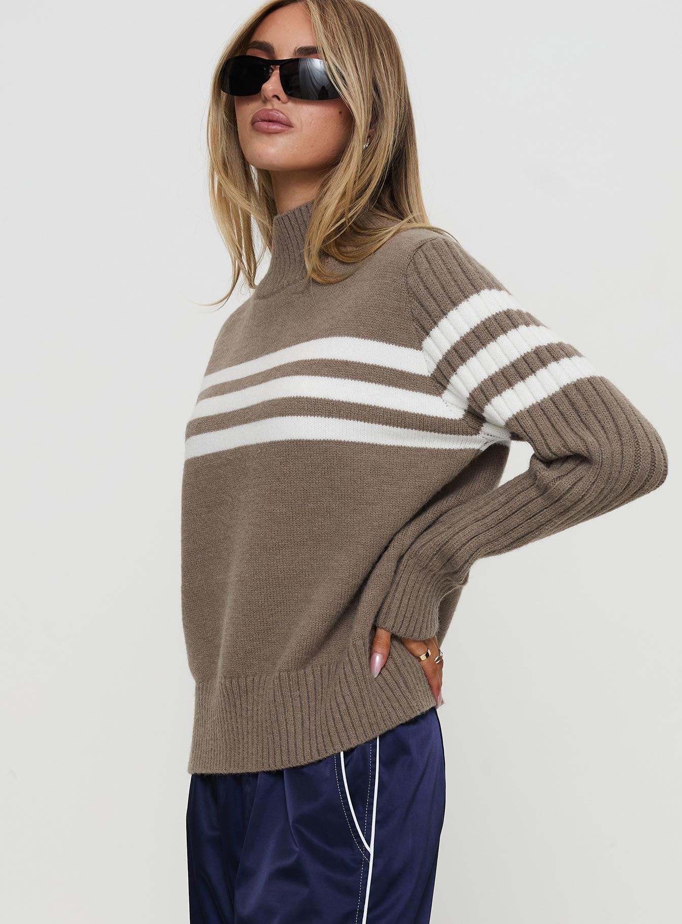 Bessemer Funnel Neck Knit Sweater Mocha Stripe、mySite、solidvoid
