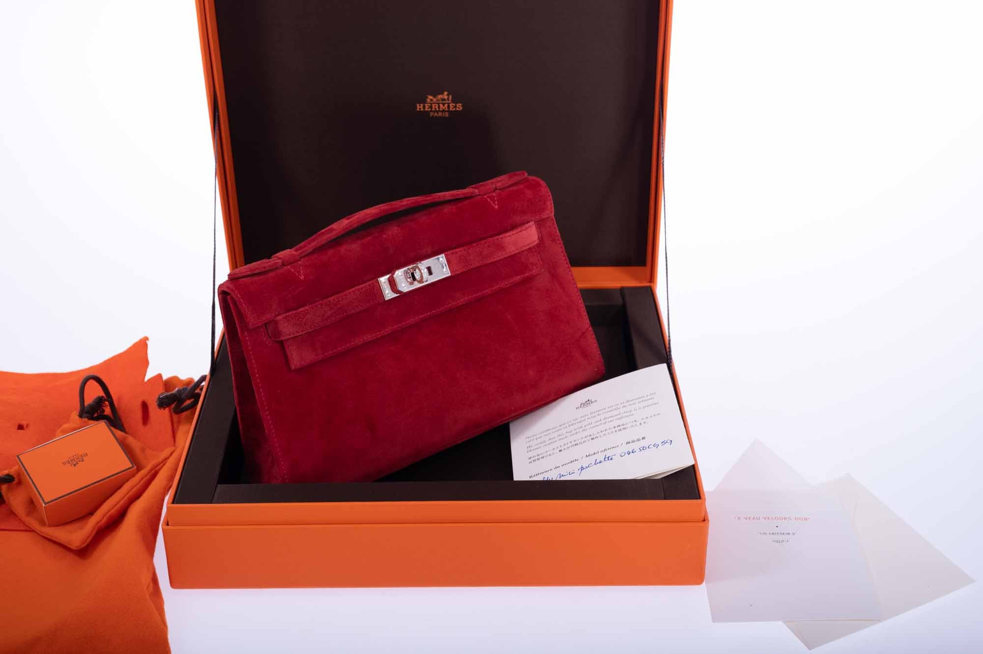 Hermès Exceptional Collection Rubis Veau Doblis Suede Diamond Kelly Pochette with 18k White Gold & Diamond Hardware、mySite、garminoutage.com