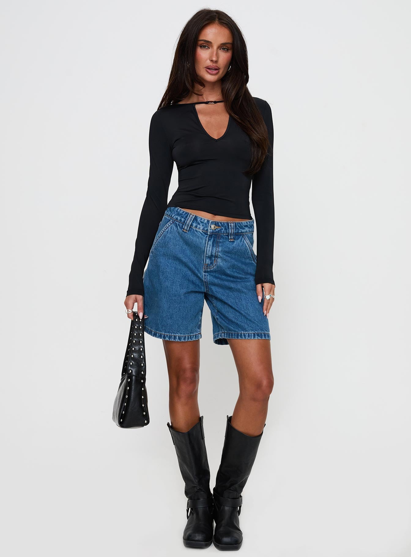 Layna Long Sleeve Plunge Neck Top Black、mySite、solidvoid