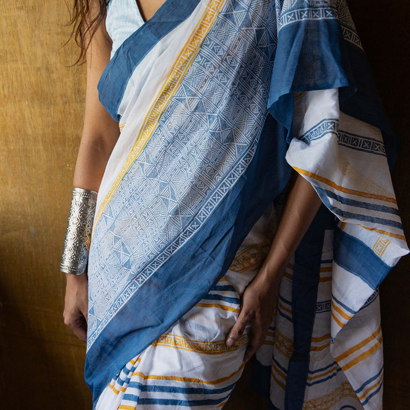 Cotton Printed Saree | Hand Block Print | White & Blue、mySite、camillekostekn