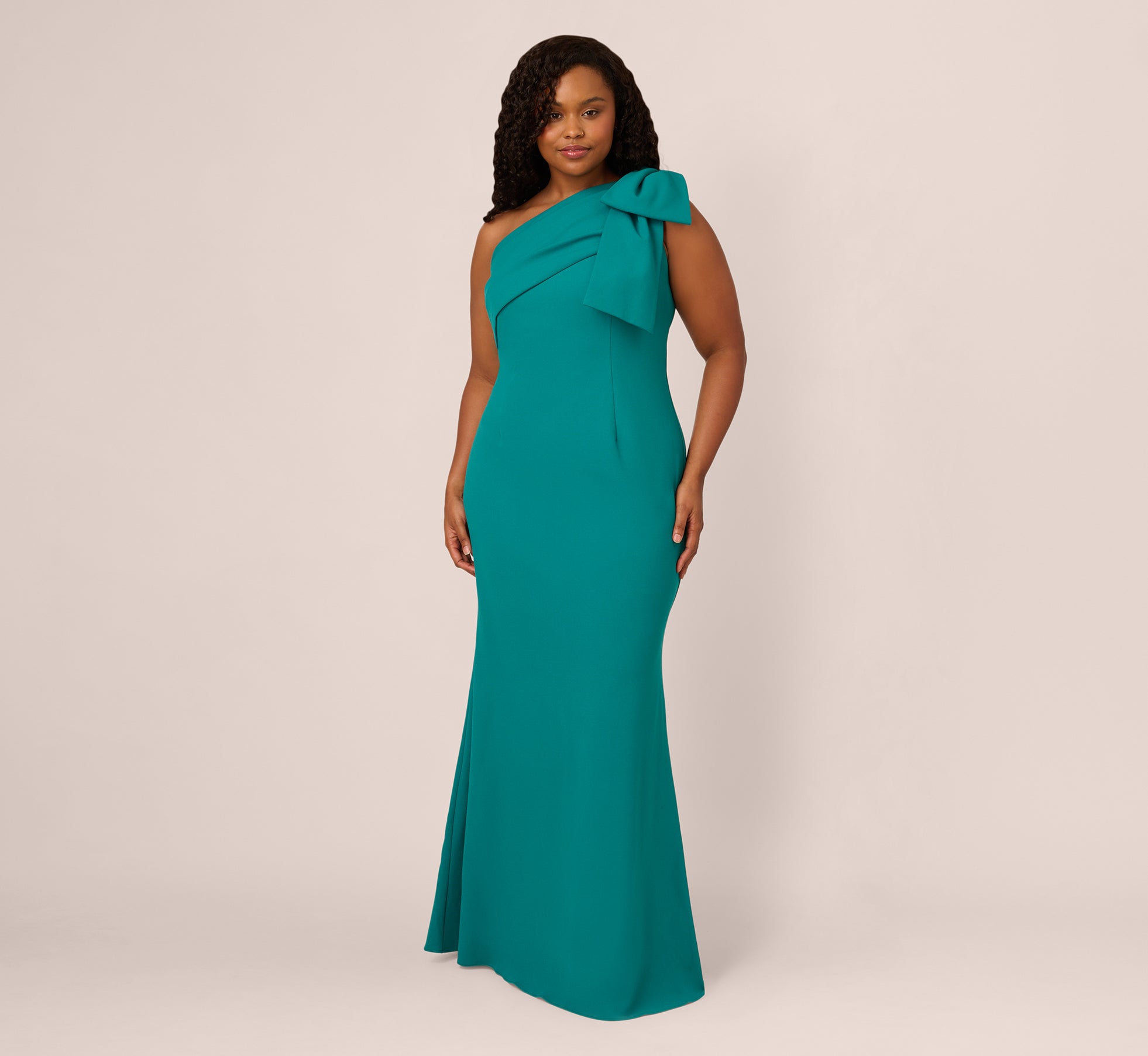 Plus Size Stretch Crepe One Shoulder Mermaid Gown With Bow Accent In Tempo Teal、mySite、solidvoid