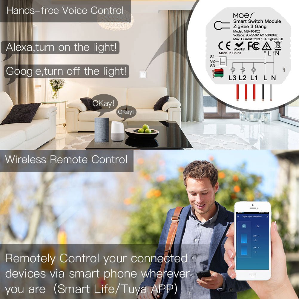 MOES Tuya Zigebee Module, DIY 3 Gang Smart Switch, 1 2 Way Circuit Breaker Interruptor、mySite、fannypackpong