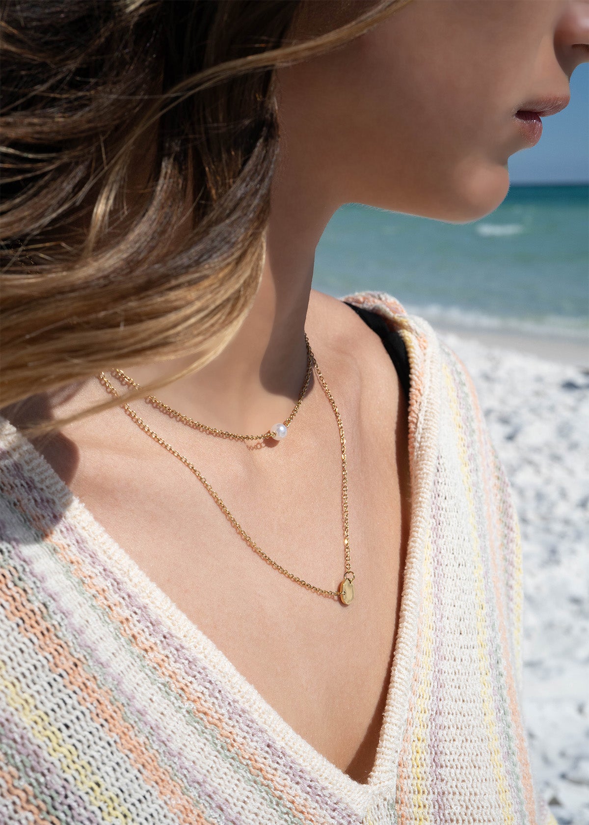 18K Gold PVD Stainless Steel Pearl and Blank Disk Layered Charm Necklace / CHN0004、mySite、dreamappss