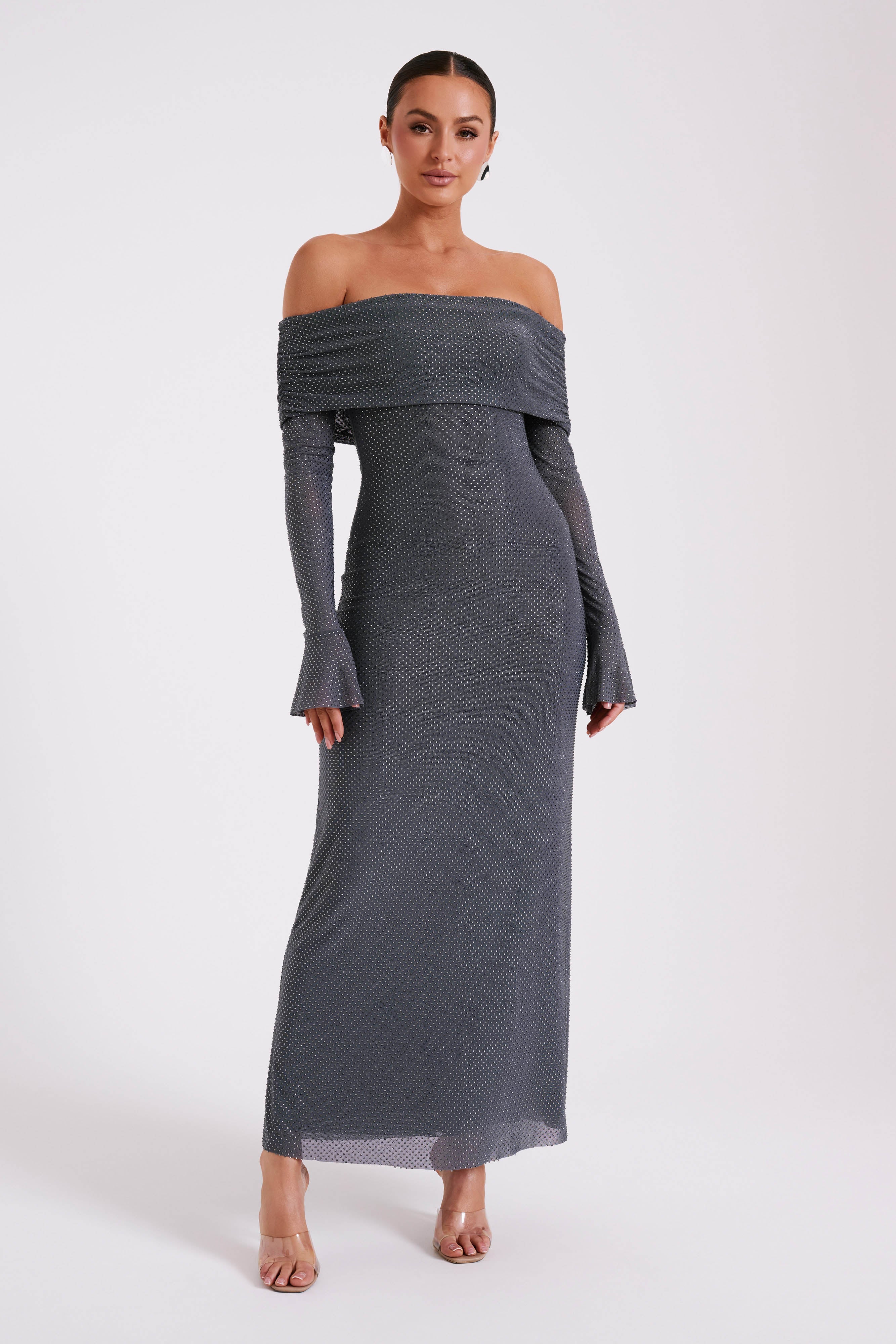 Marcel Off Shoulder Diamante Maxi Dress - Gunmetal、mySite、solidvoid
