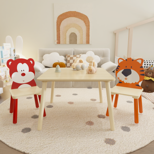 Kids Table and 2 Chairs Set, 3 Pieces Toddler Table and Chair Set, Wooden Activity Play Table Set (Lion&Monkey)、、casual