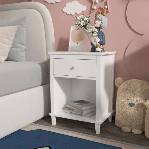 26.77''H Wooden Nightstand with One Drawer One Shelf for Kids, Adults, White+Golden handle、、casual