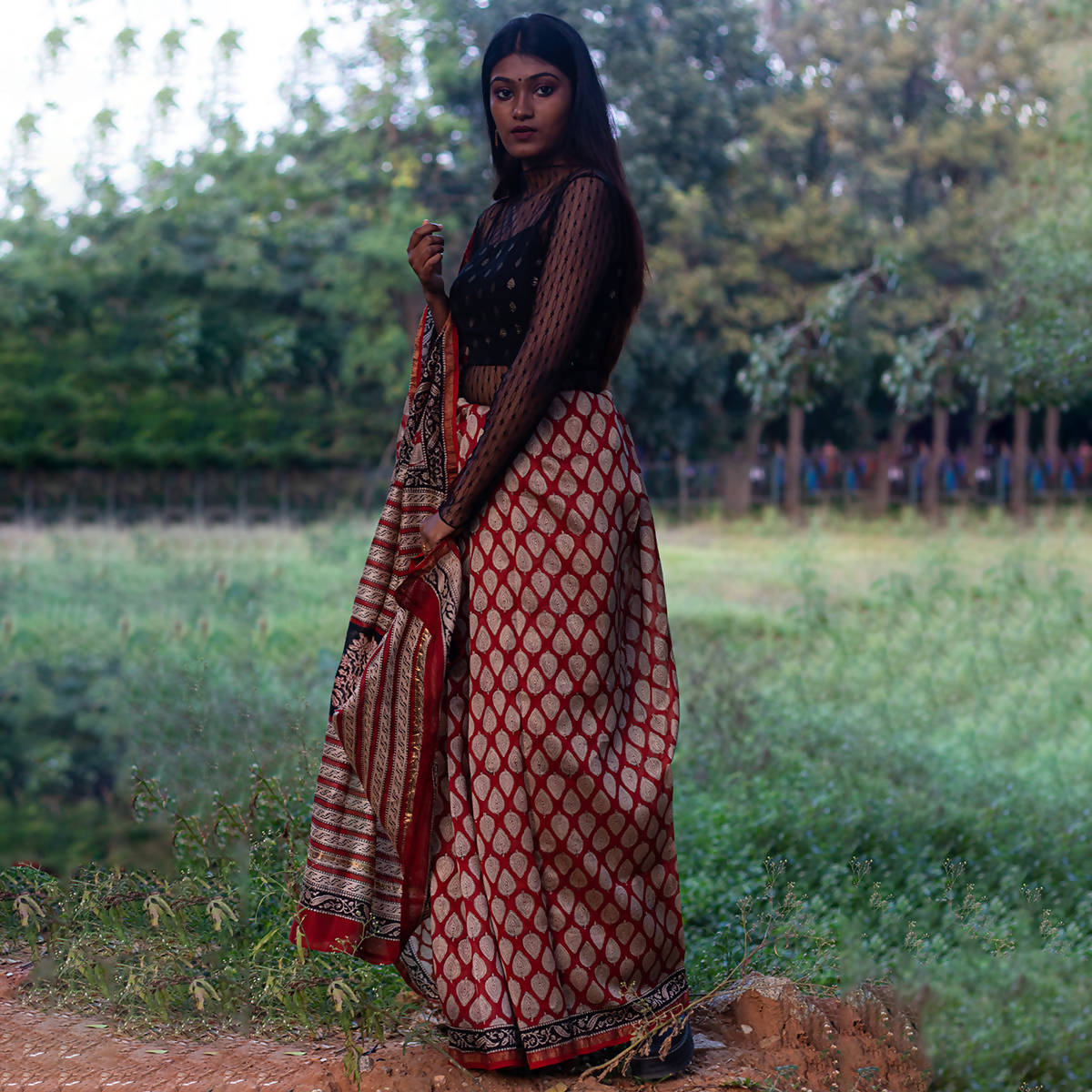 Festive Wear | Chanderi Handblock Printed Bagru Saree | Red、mySite、camillekostekn